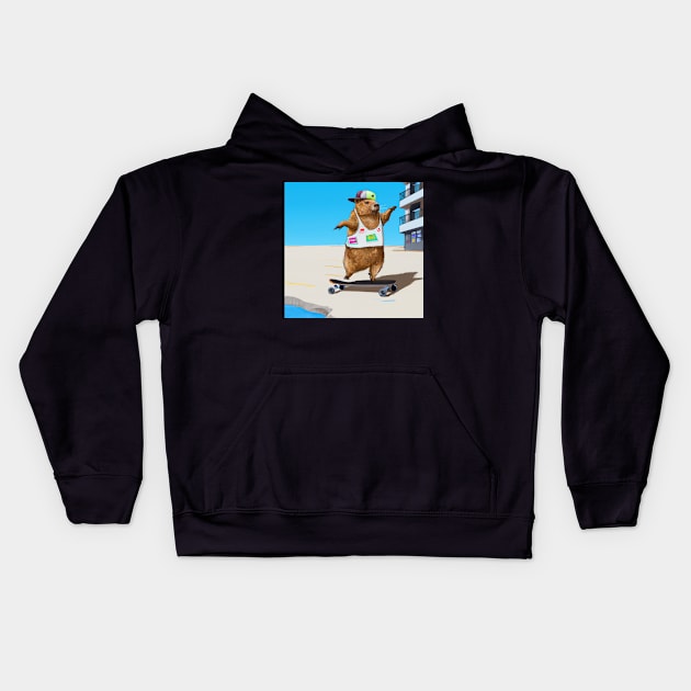 Skateboarding Capybara Kids Hoodie by JohnCorney